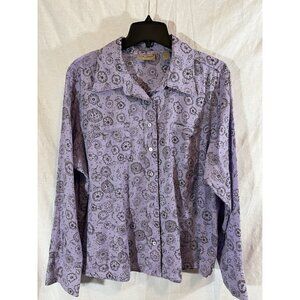 I.E. Women's Relaxed 1X Purple Doodle Print Cotton Button Down Blouse